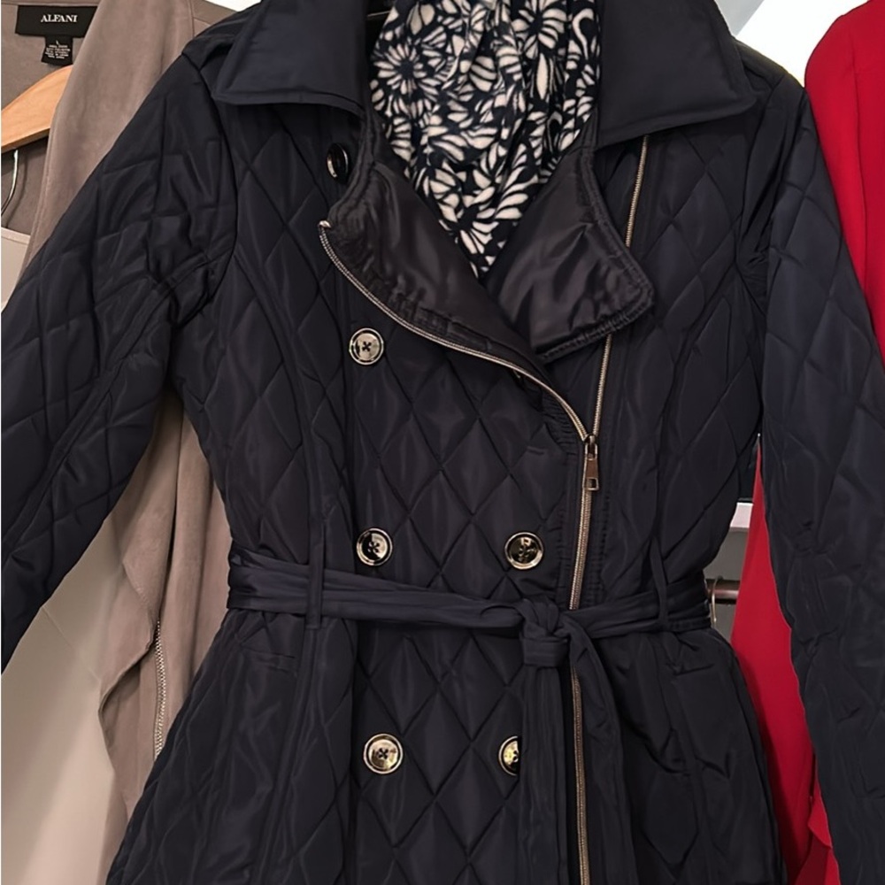 Harve Benard Dark Blue Quilted Trench Coat